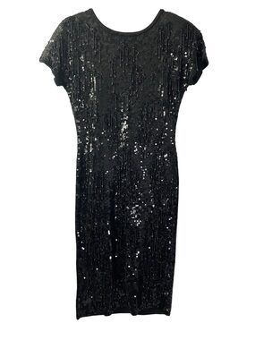 Nancy Johnson Vintage Beaded Sequin Black Wool Dress V Back Medium 80s Flapper